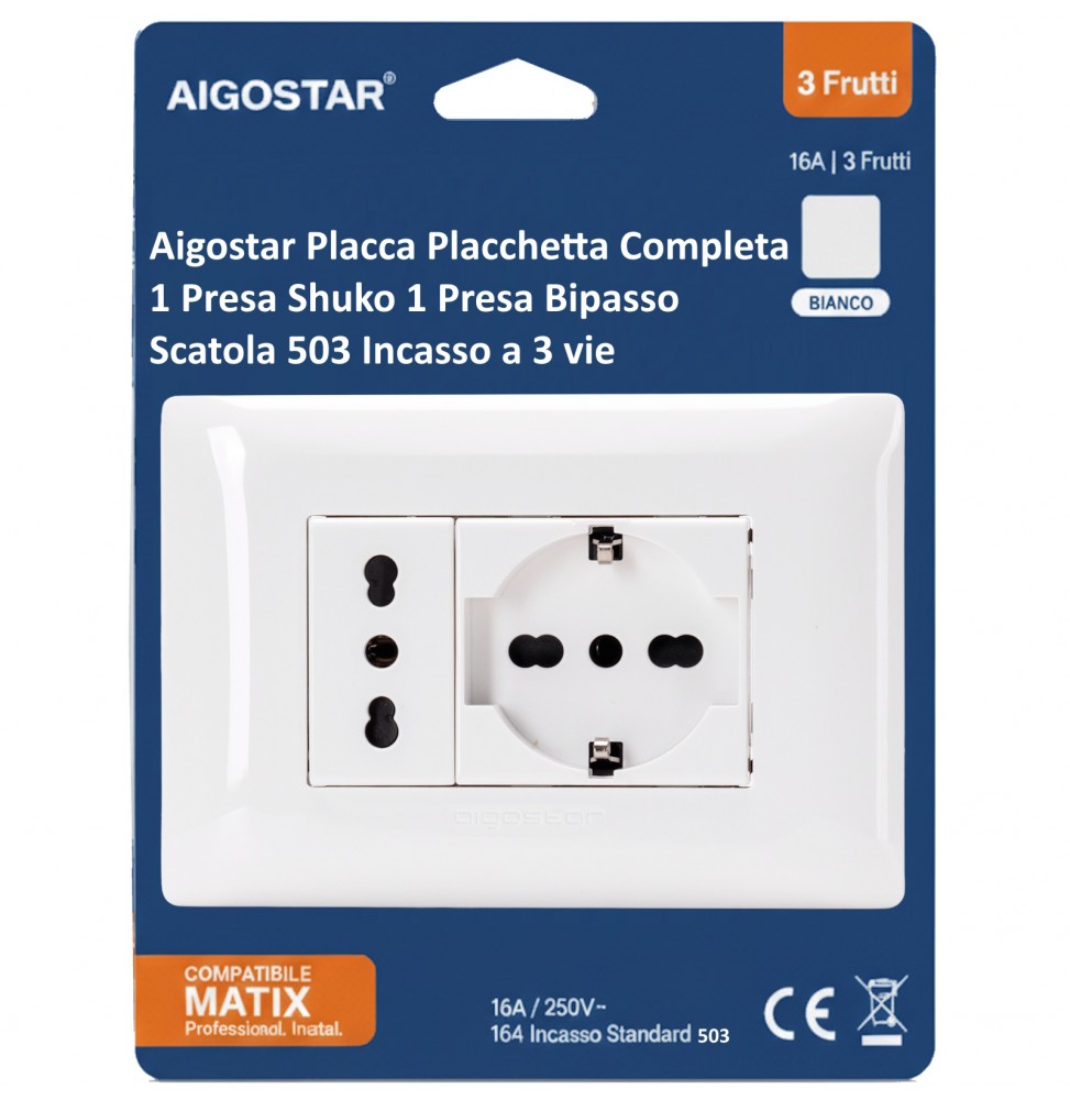Aigostar Placca Placchetta Completa Shuko e Presa 16a Incasso 503
