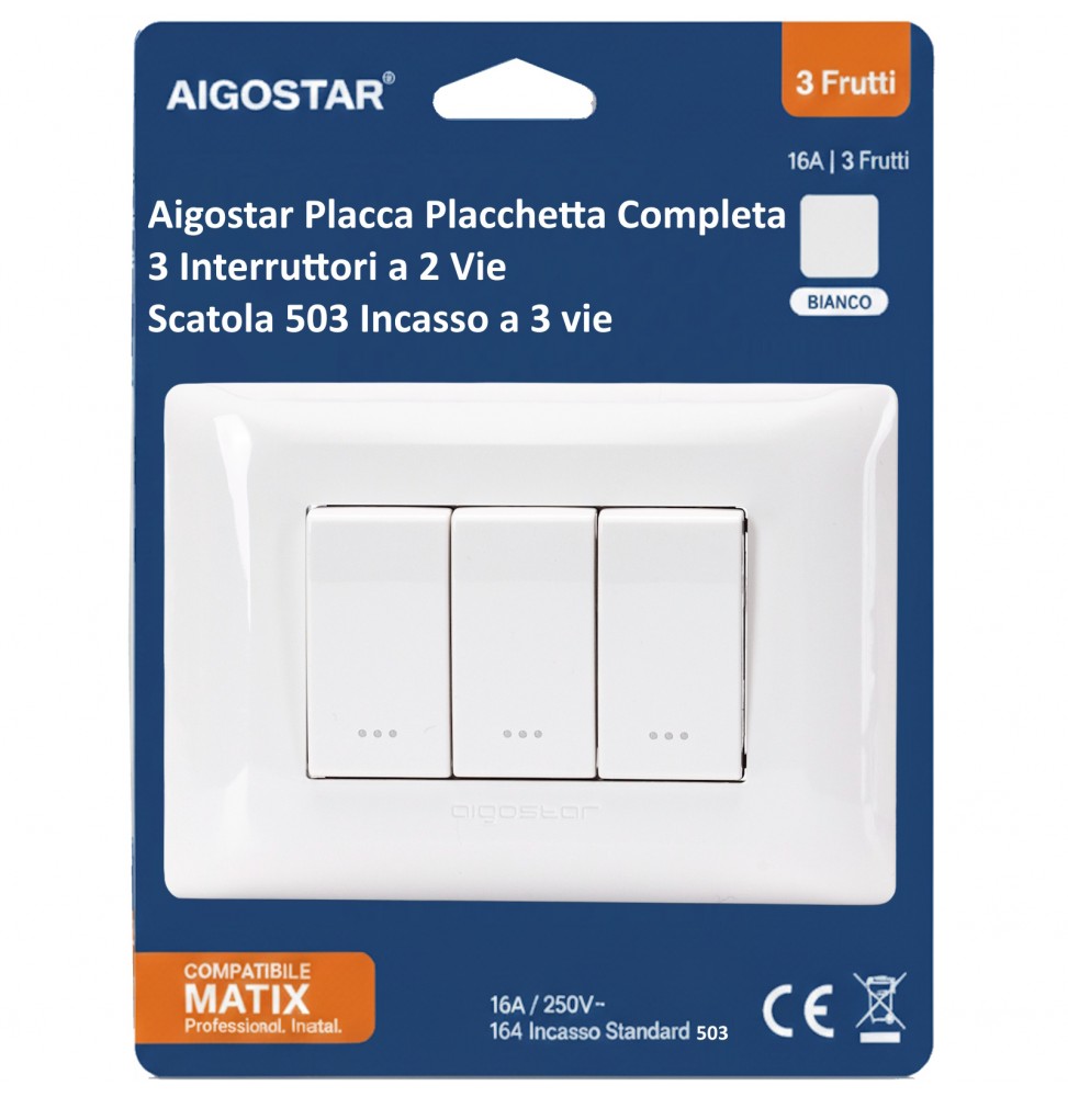 Aigostar Placca Placchetta Completa 3 Interruttori a 2 Vie IP20 503