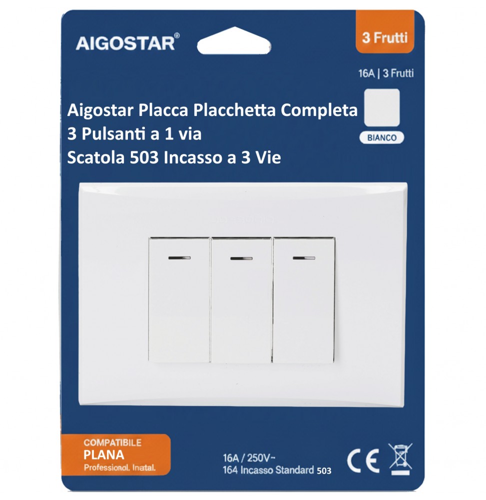 Aigostar Placca Placchetta Completa 3 Pulsanti Deviati 16a Incasso 503