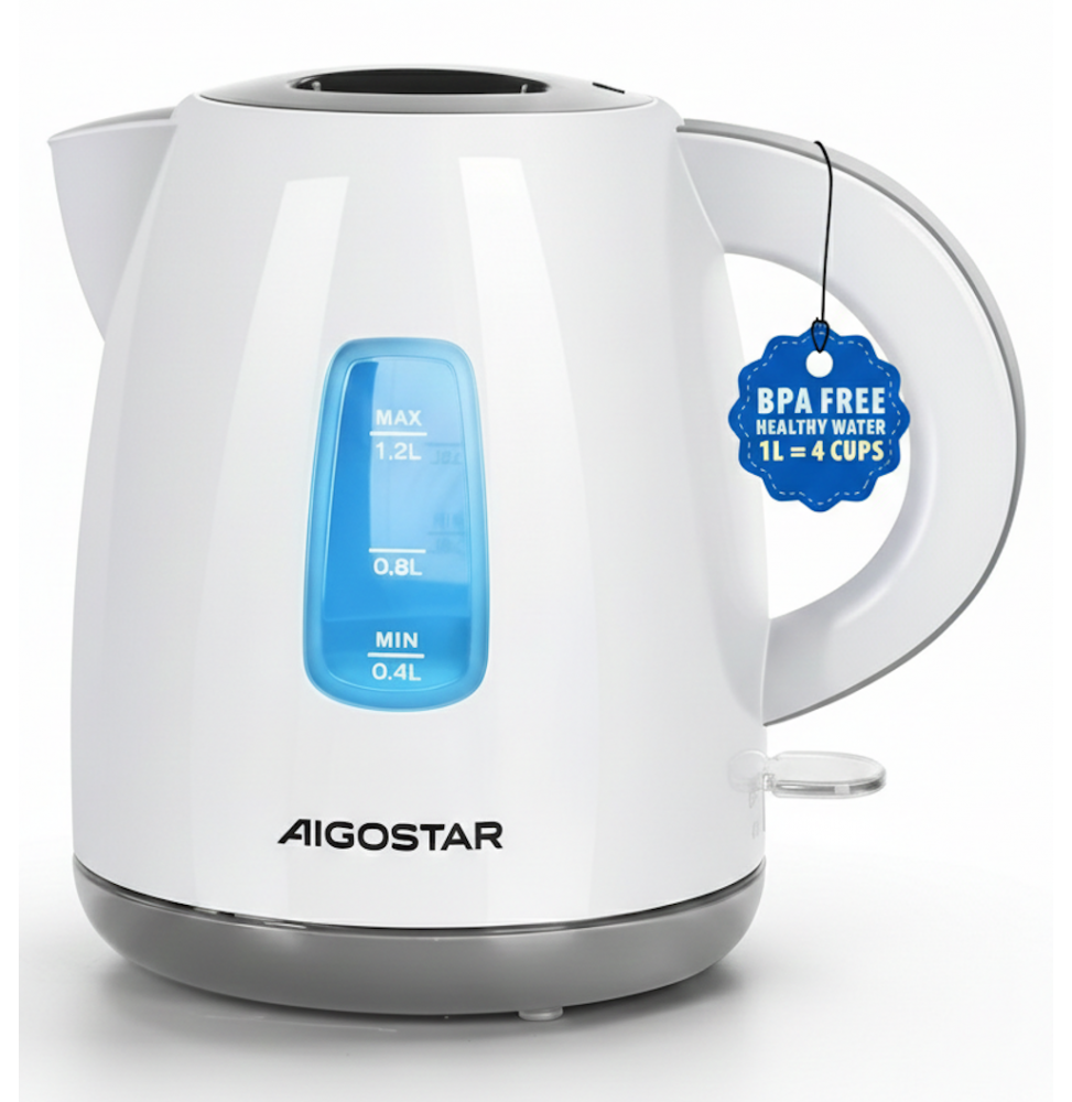 Aigostar Bollitore Elettrico 1.2L 2200W Senza BPA Bianco Grigio Off Automatico