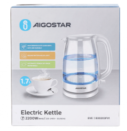 Aigostar Bollitore Elettrico in Vetro Borosilicato 1.7L 2200W Bianco Luce LED