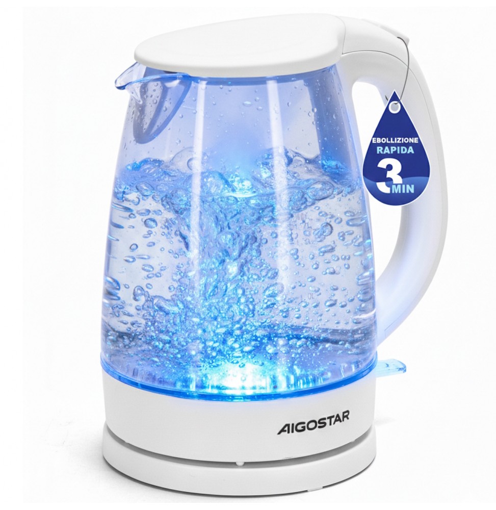 Aigostar Bollitore Elettrico in Vetro Borosilicato 1.7L 2200W Bianco Luce LED