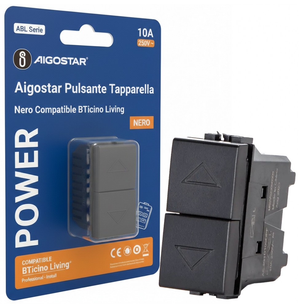 Aigostar Pulsante Tapparella Nero Tipo Italiano Compatibile BTicino Living
