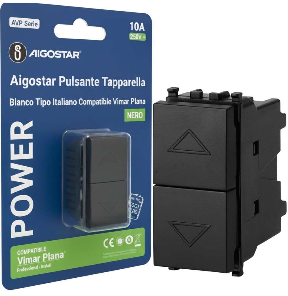 Aigostar Pulsante Tapparella Nero Tipo Italiano Compatibile Vimar Plana