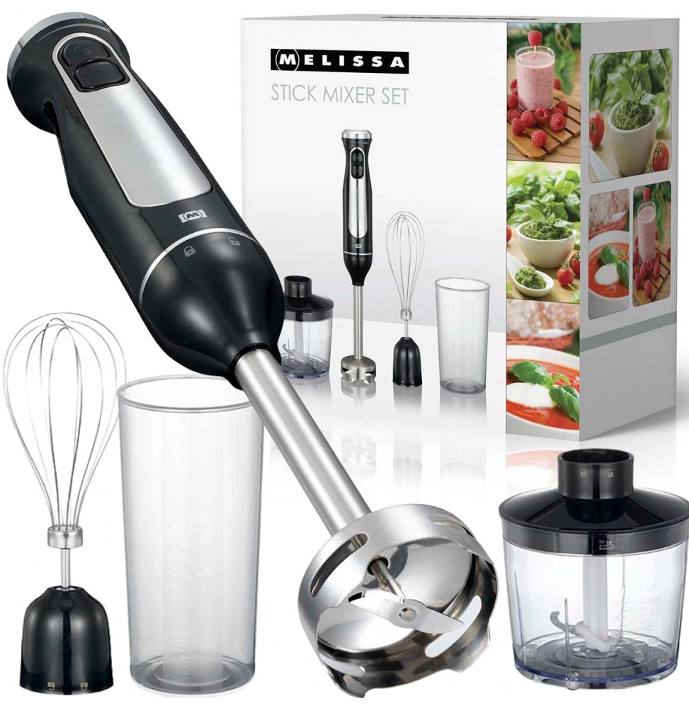 Melissa Set Frullatore Immersione 600W 3in1 Tritatutto Frusta Misurino Inox Nero
