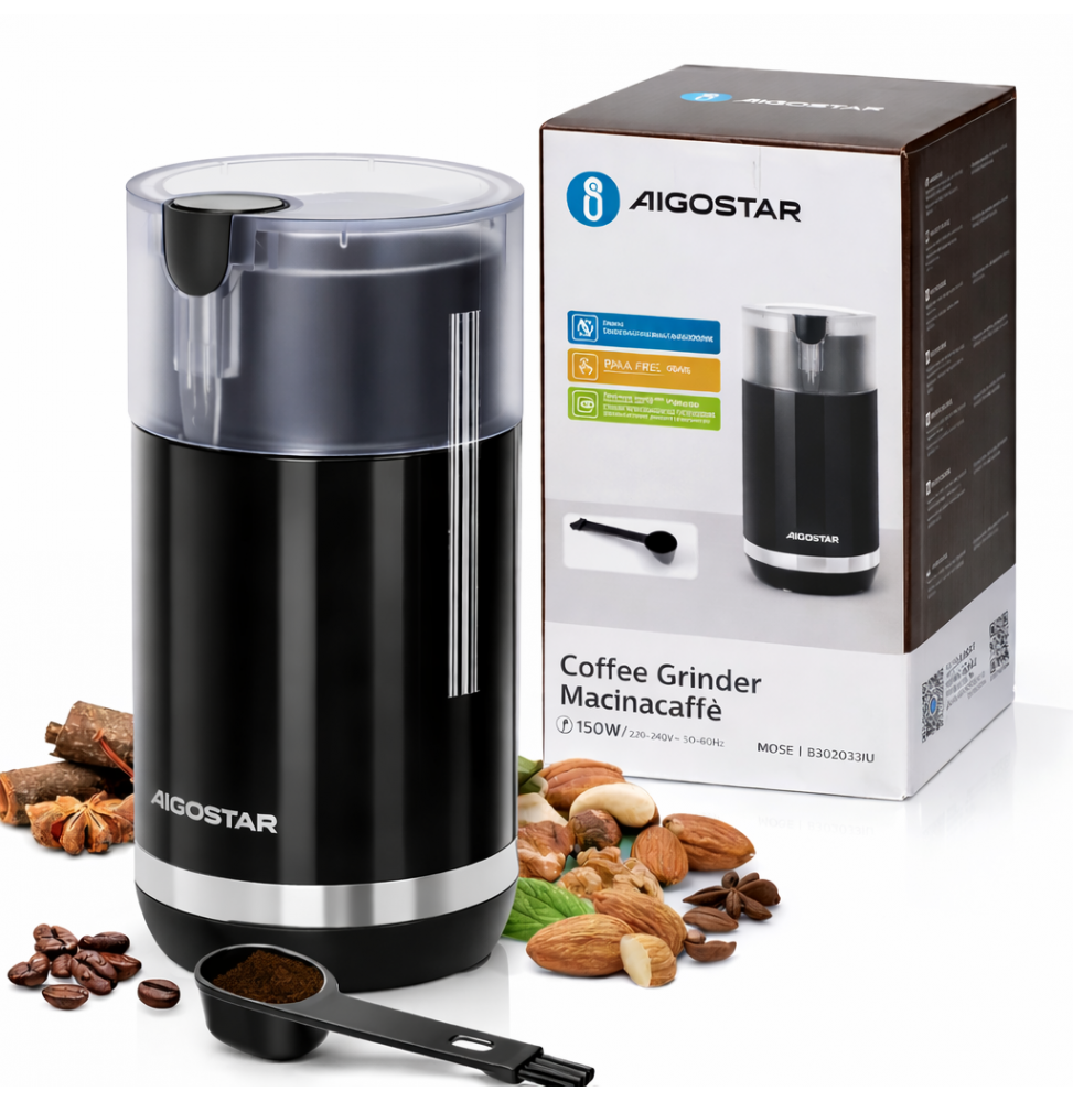 Aigostar Macinacaffè Elettrico 150W Lame Inox 70g Nero Trasparente Compatto