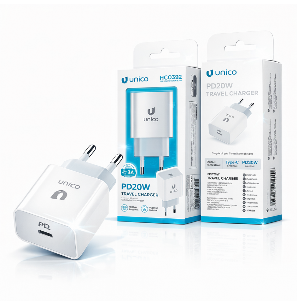 Unico Caricabatteria Rete USB-C PD 20W Fast Charger Bianco 3A Uscita Stabile