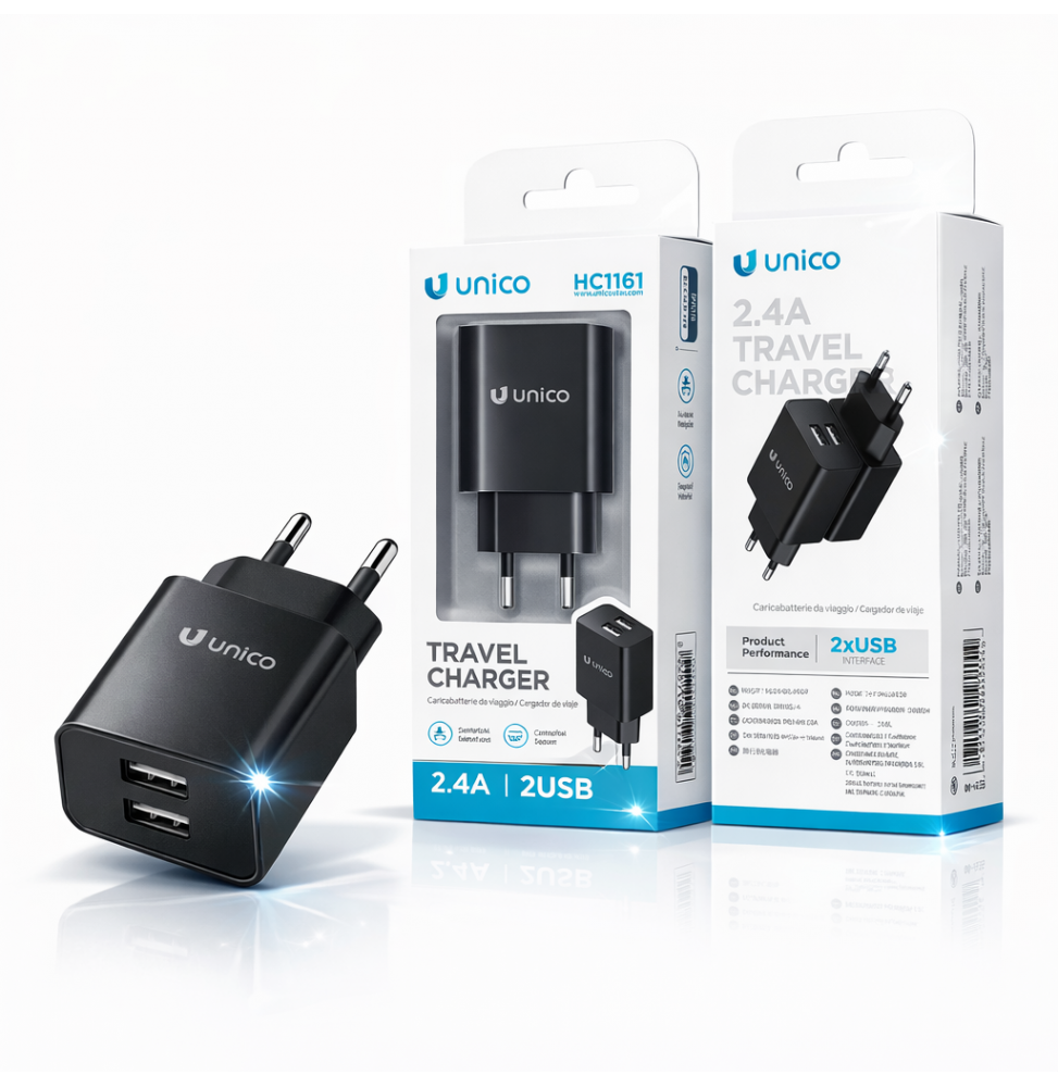 Unico Caricabatteria Rete 2.4A Doppia Porta USB-A Smart Charge Nero ABS﻿