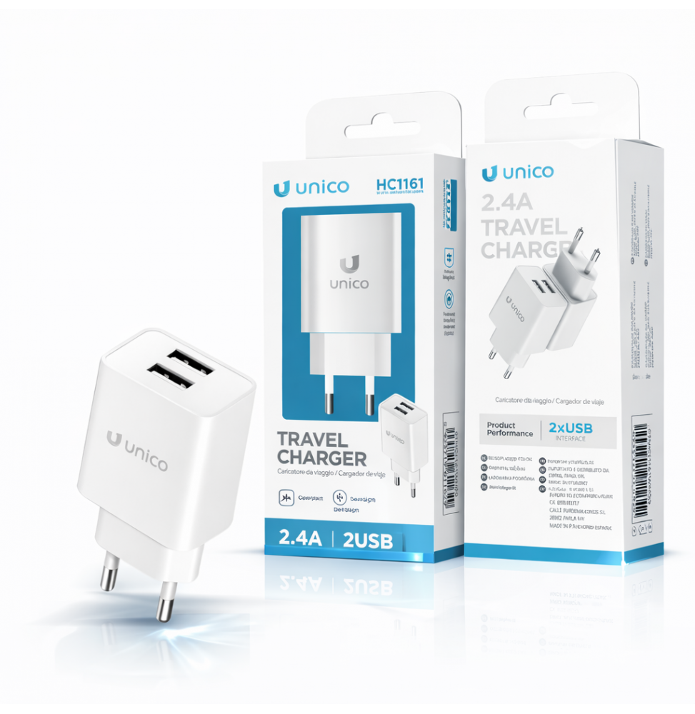 Unico Caricabatteria Rete 2.4A Doppia Porta USB-A Smart Charge Bianco ABS