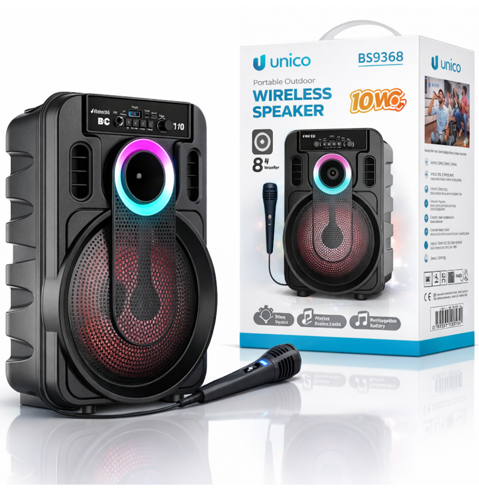 Unico BS9368 BT USB AX Trolley Bluetooth DJ Party Speaker 10W luci LED Microfono