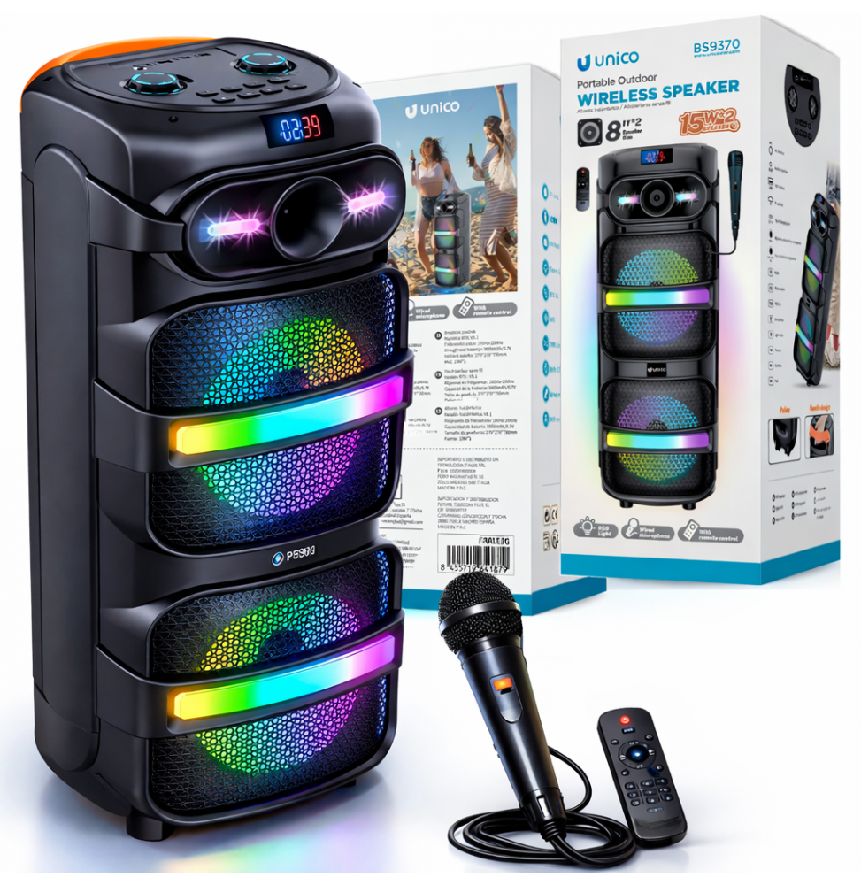 Unico BS9370 USB TF FM Cassa karaoke Bluetooth DJ Party Speaker 30W luci LED