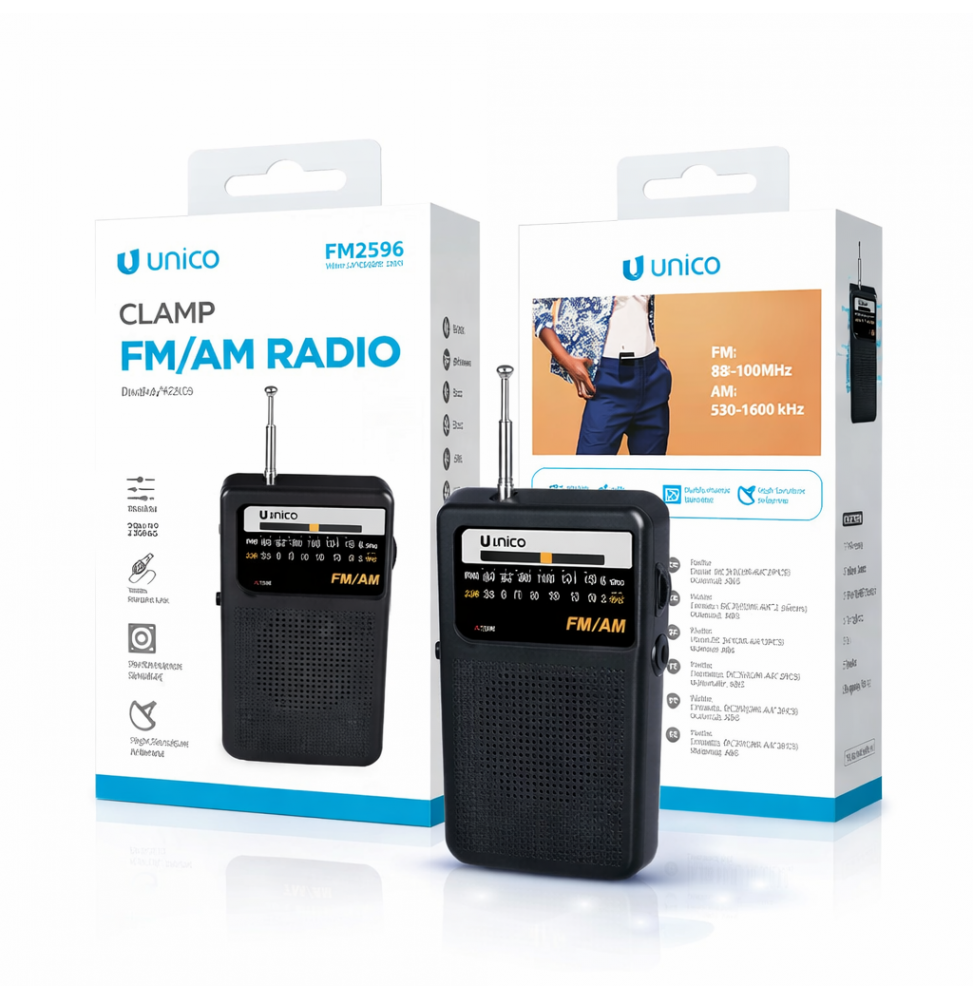 Unico FM2596 Radio Portatile FM AM Speaker Cuffia Antenna Retrattile Nero ABS