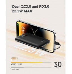 Veger C11 Powerbank 10000 mAh 22.5W PD QC3.0 Cavi USB-C Lightning Integrati Nero