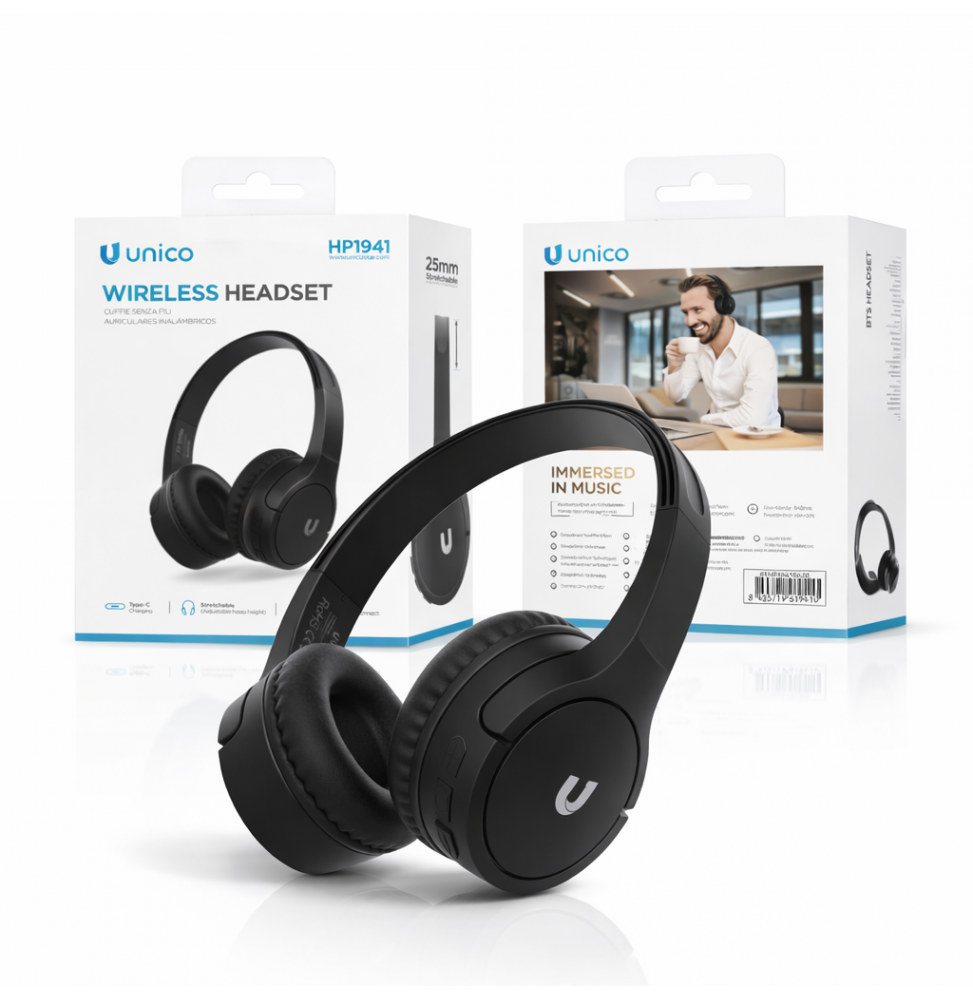 Unico HP1941 Cuffie Wireless Bluetooth 5.1 Padiglione 40mm Regolabili Nere