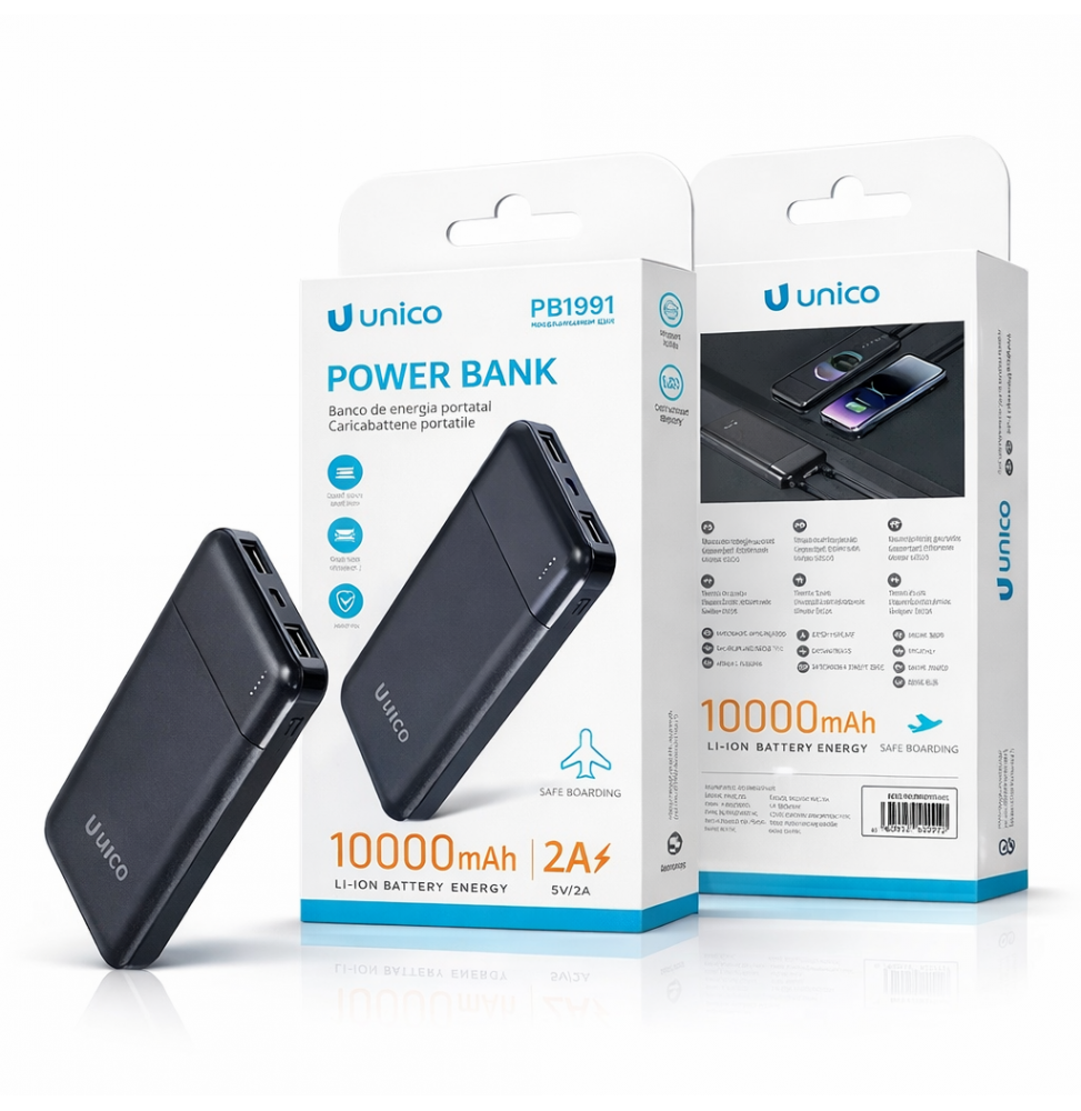 Unico Power Bank 10000mAh 10W 2 Porte USB-A Micro-USB Type-C LED Nero Sottile