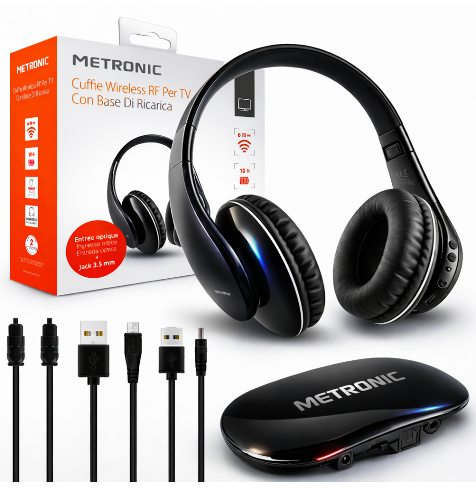 Metronic Cuffie Wireless Rf Senza Fili Per Tv Televisore Radio Base Di Ricarica