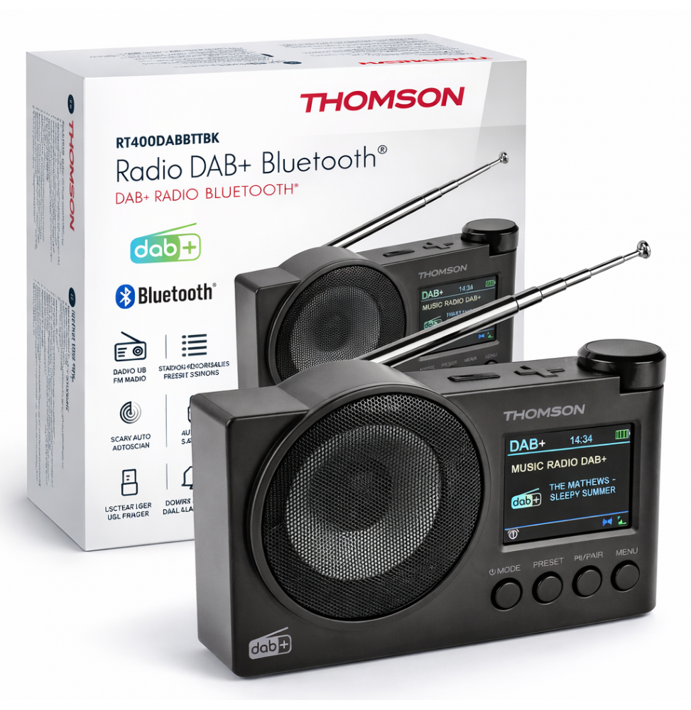 Thomson RT400DABBT Radio Sveglia DAB+ Bluetooth USB Batteria Ricaricabile Nero
