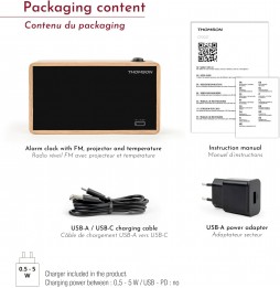 Thomson CP202T Radiosveglia FM In Legno Con Proiettore Porta USB-C Grigio