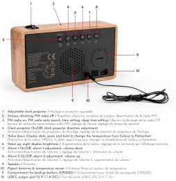 Thomson CP202T Radiosveglia FM In Legno Con Proiettore Porta USB-C Grigio
