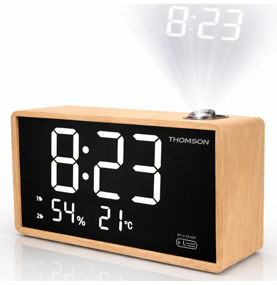 Thomson CP202T Radiosveglia FM In Legno Con Proiettore Porta USB-C Grigio
