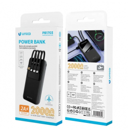 Unico Power Bank 20000mAh Con 4 Cavi Integrati Display Digitale Nero 2A