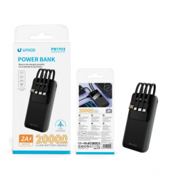 Unico Power Bank 20000mAh Con 4 Cavi Integrati Display Digitale Nero 2A