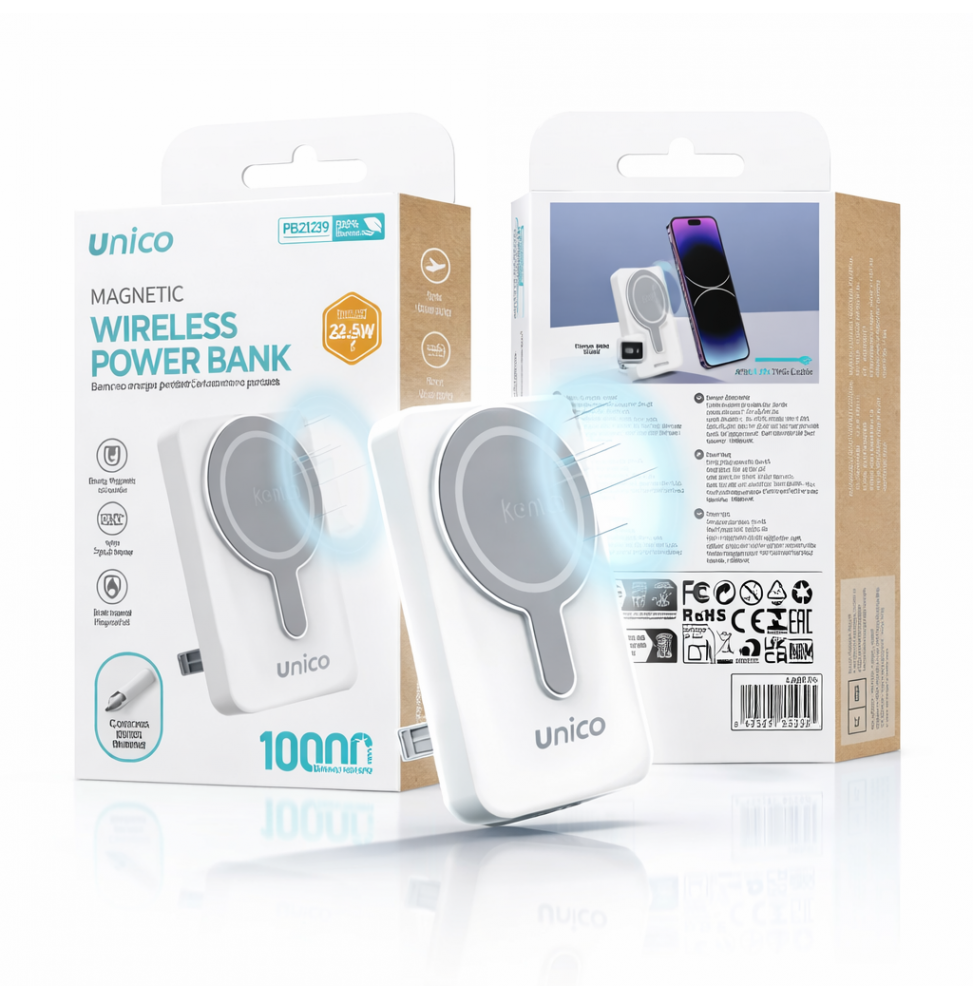 Unico Power Bank Wireless Magnetico 10000mAh Ricarica Rapida 22.5W Bianco