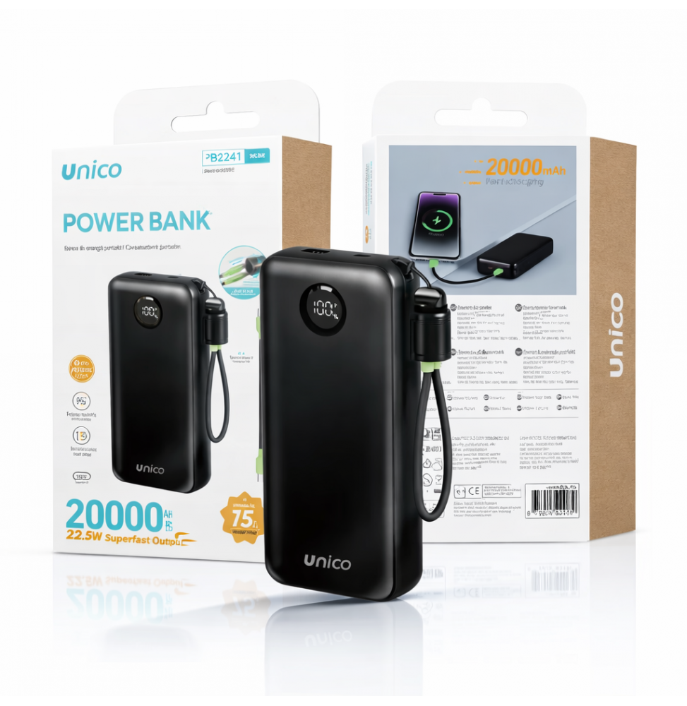 Unico Power Bank 20000mAh Ricarica Rapida 22.5W PD 20W USB-C Nero