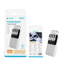 Unico Power Bank 20000mAh Con 4 Cavi Integrati Display Digitale Bianco 2A