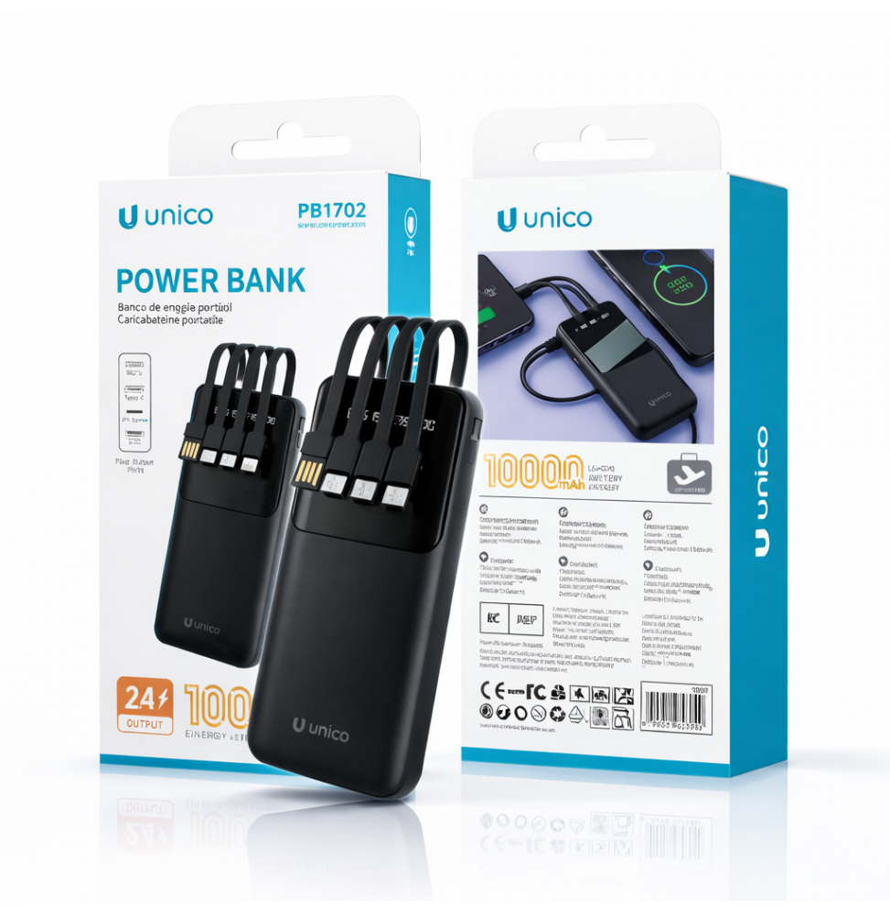 Unico Power Bank 10000mAh Con 4 Cavi Integrati Display Digitale Nero 2A