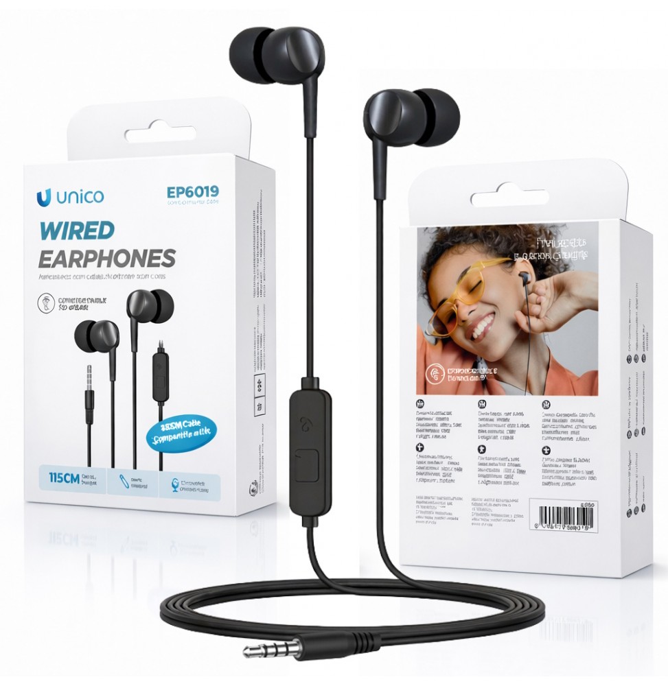 Unico EP6019 Cuffie Auricolari In-Ear Con Microfono Bassi Profondi E Potenti Filo Nero