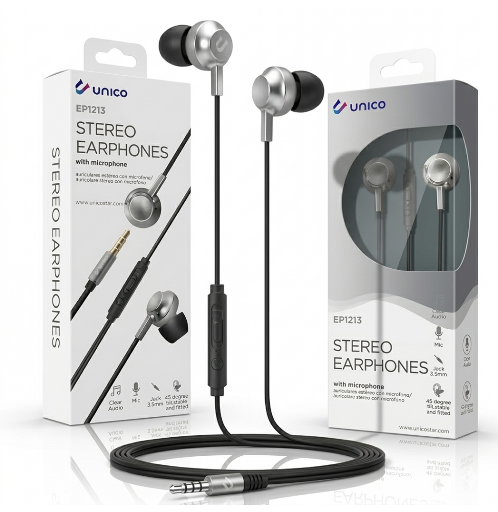 Unico EP1213 Cuffie Auricolari In-Ear Con Microfono Bassi Profondi E Potenti Filo Nero