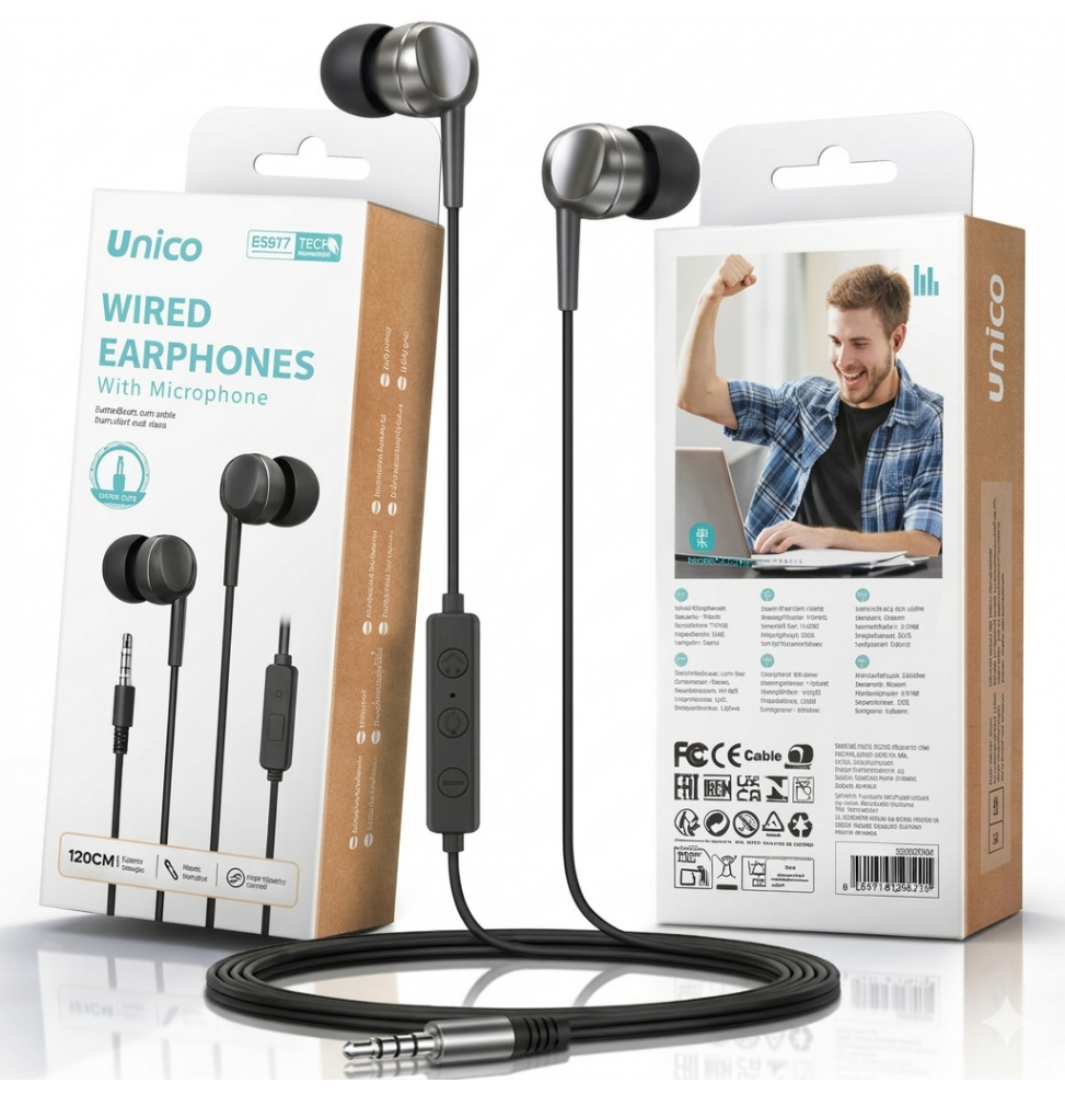 Unico Auricolari In-Ear Jack 3.5mm Microfono Nero Cavo 1.2m Chiamata HD