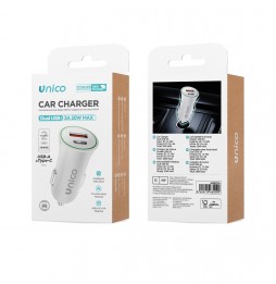 Unico Caricatore Da Auto Doppia Porta USB-C E USB-A 3A 20W MAX Bianco