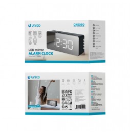 Unico Sveglia Elettronica Specchio LED Data Snooze Cavo USB Nero 11x5.5cm