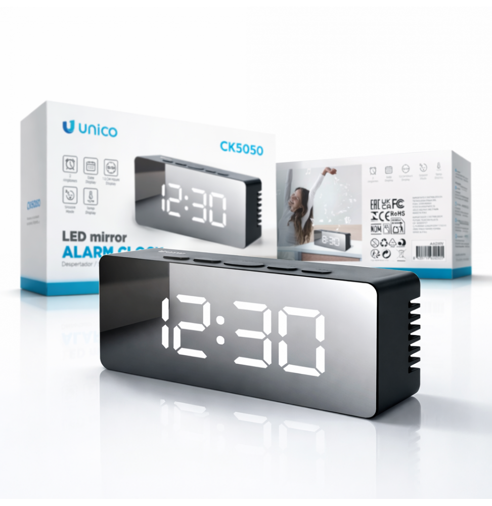 Unico Sveglia Elettronica Specchio LED Data Snooze Cavo USB Nero 11x5.5cm