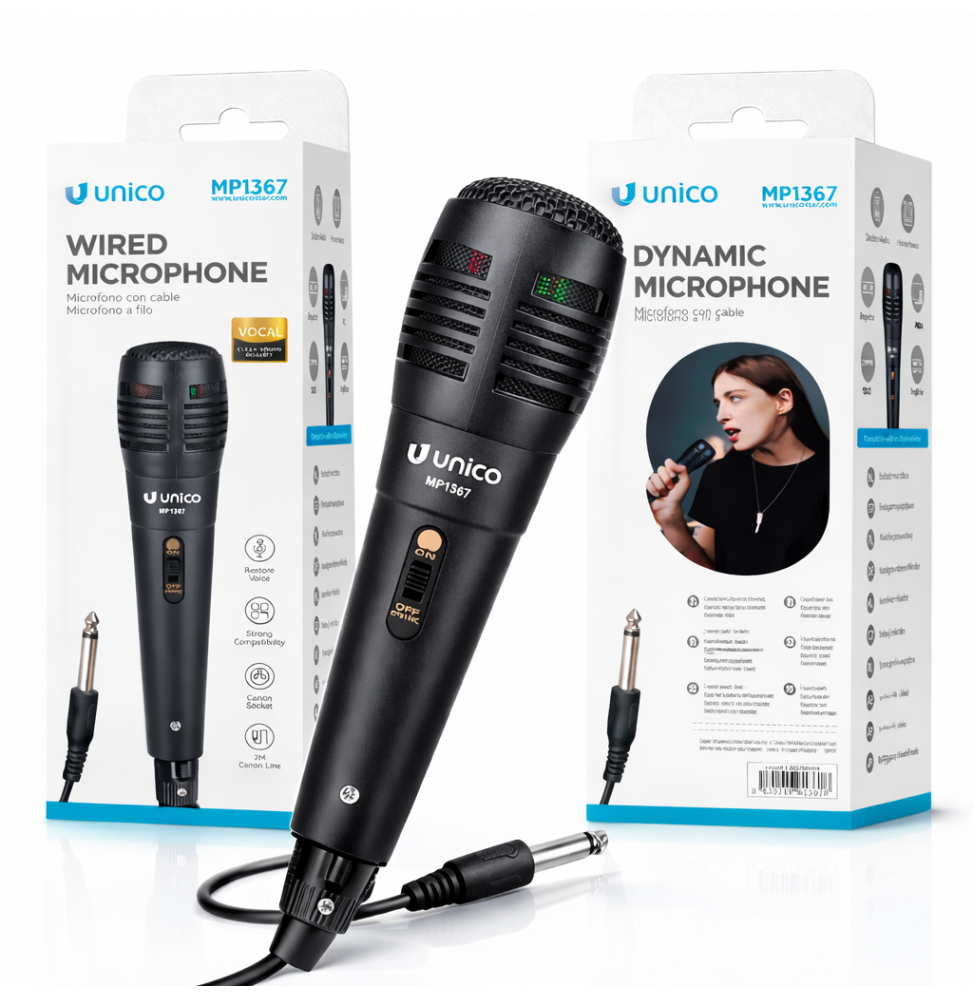 Unico Microfono Dinamico Professionale Cavo 2m Jack 6.35mm Adattatore 3.5mm Nero