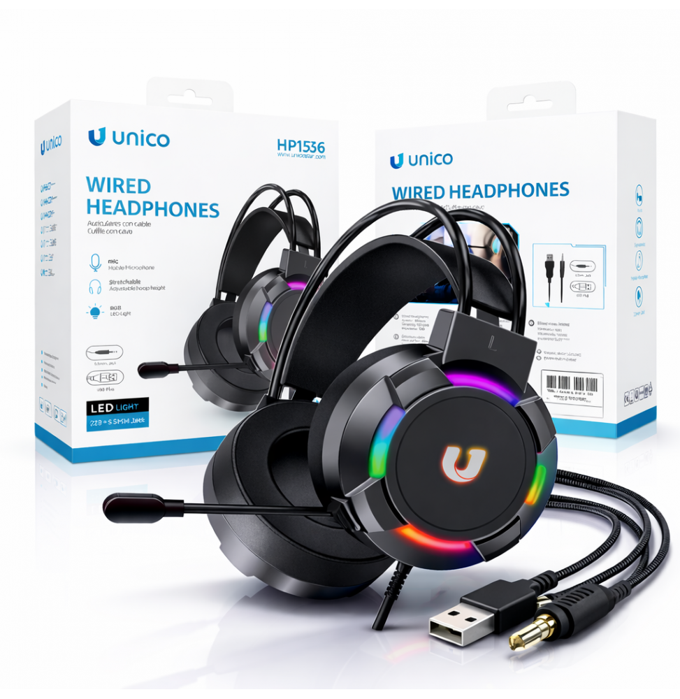 Unico Cuffie Over-Ear Gaming RGB Driver 50mm Jack 3.5mm Microfono Cavo 2m
