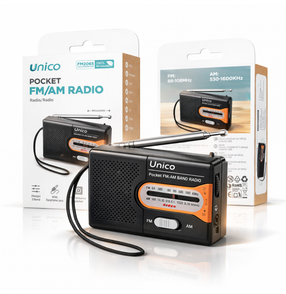 Unico Radio Portatile AM/FM Nero Antenna Telescopica Jack 3.5mm Cordino