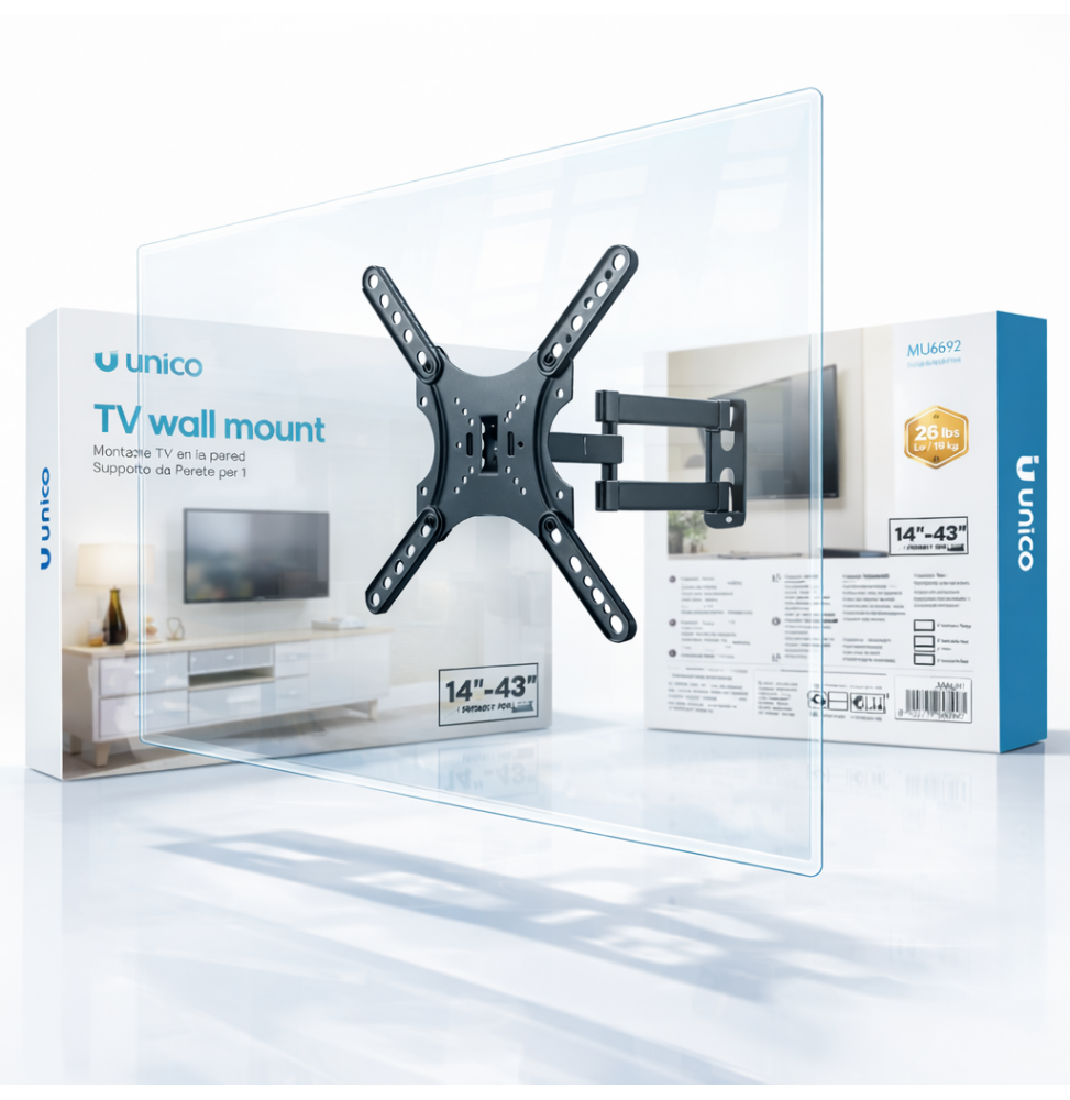 Unico Supporto TV Da Parete Retrattile E Girevole 14-43 Pollici Max 12kg Nero