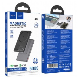 Hoco Q26 Powerbank MagSafe 5000mAh 20W PD QC Lega Di Alluminio Ultrasottile Grigio