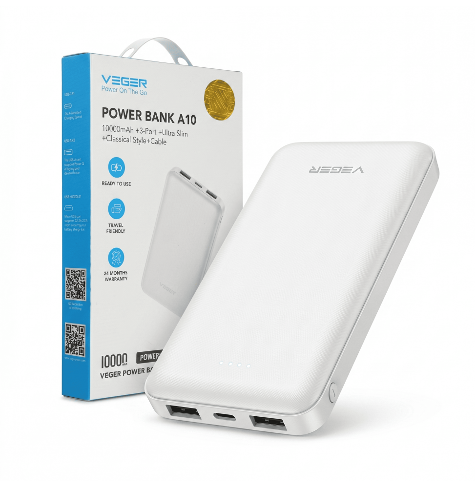 Veger A10 Powerbank 10000 mAh 2A Doppia Uscita USB Polimeri Di Litio Bianco