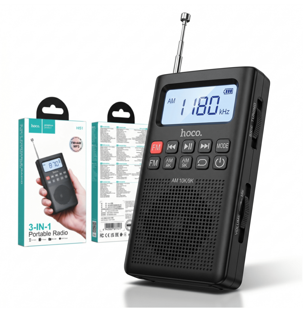 Hoco HI51 Radio Portatile Bluetooth 5.3 FM AM Lettore MP3 Scheda TF Nero