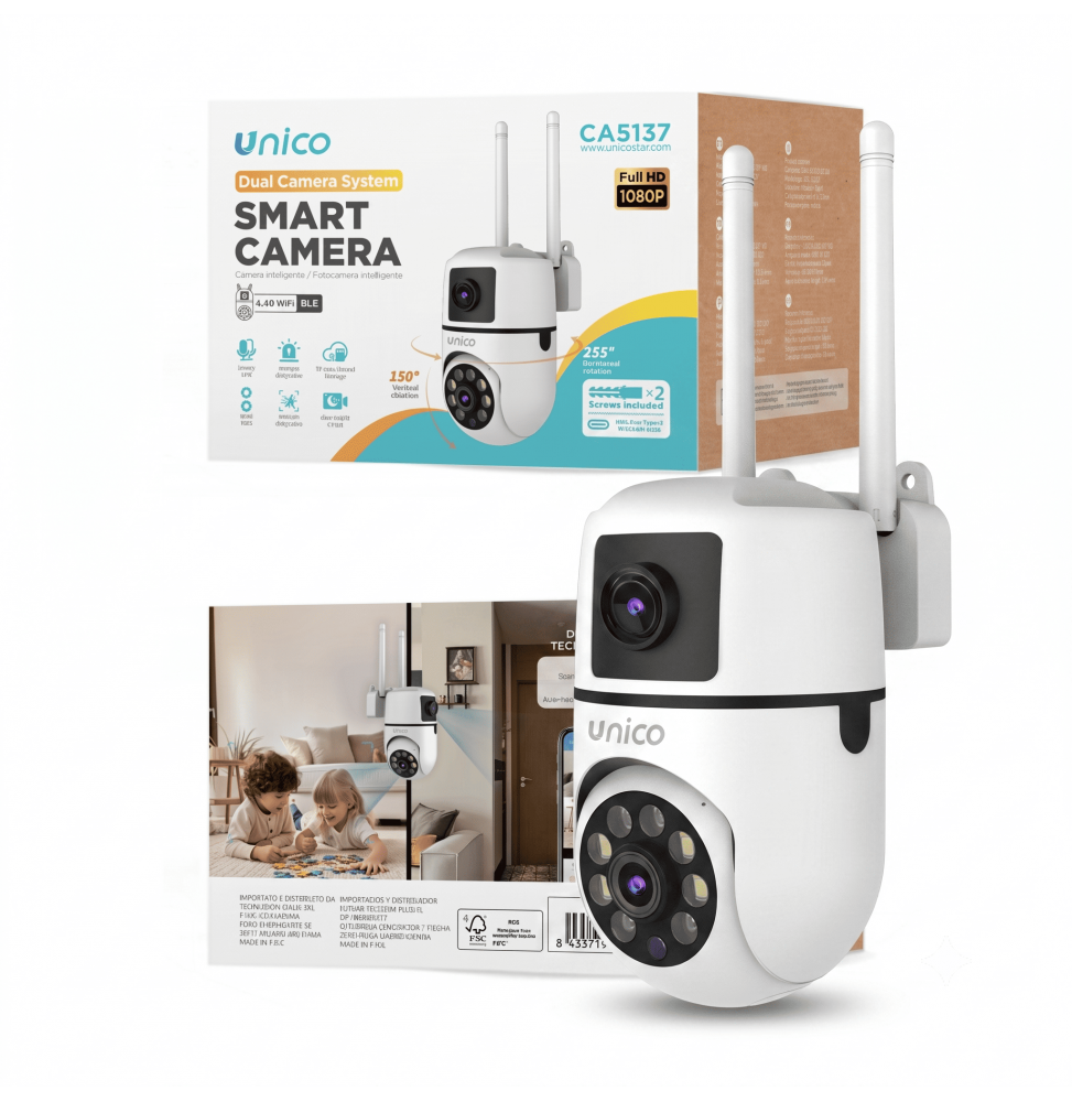 Unico Telecamera Wi-Fi PTZ Full HD 1080P Doppia Registrazione Visione Notturna Colori
