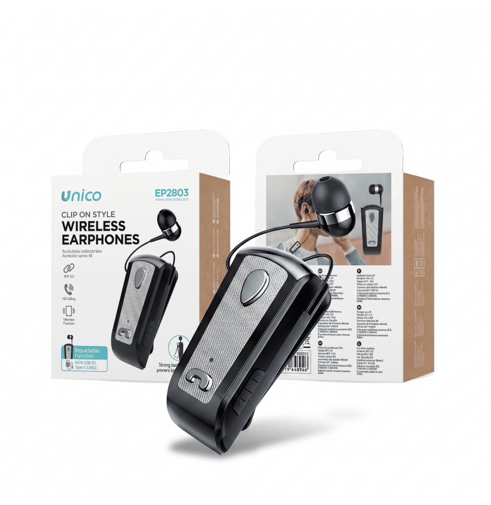 Unico Auricolare Bluetooth 5.3 Retrattile con Clip da Colletto Chiamate HD Vibrazione