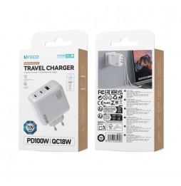Unico Caricabatteria Rete 100W USB Rapido HC6135 GaN PD 2 USB-C 1 USB-A Certificato TUV