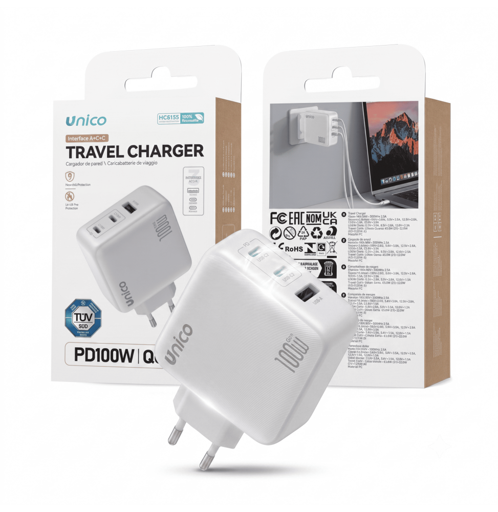 Unico Caricabatteria Rete 100W USB Rapido HC6135 GaN PD 2 USB-C 1 USB-A Certificato TUV