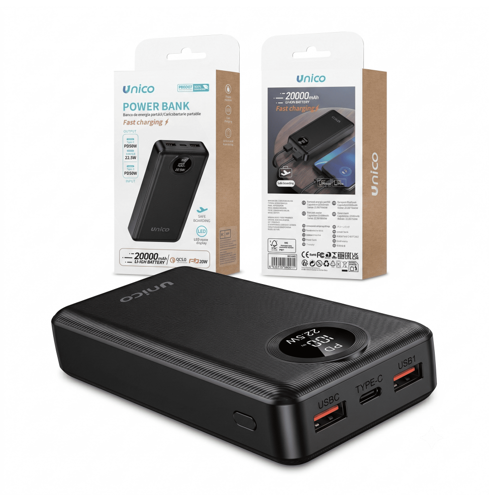 Unico Power Bank 20000mAh PB3007 Ricarica Rapida 22.5W PD Display LED Nero