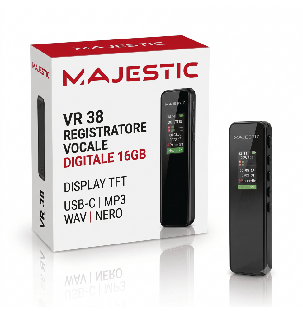 Majestic VR 38 Registratore Vocale Digitale 16GB Display TFT USB-C MP3 WAV Nero