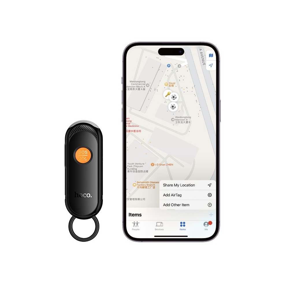 Hoco E99 Localizzatore Compatibile Apple Find My Torcia Allarme 120dB Chiavi Nero